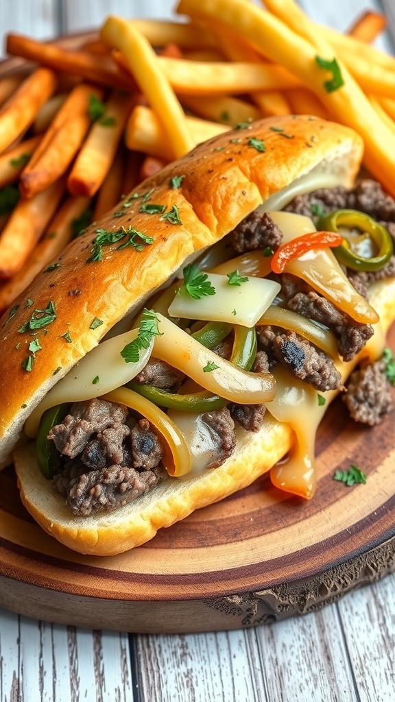 A garlic bread Philly cheesesteak sandwich filled with beef, onions, and melted cheese, served with fries on a wooden board.